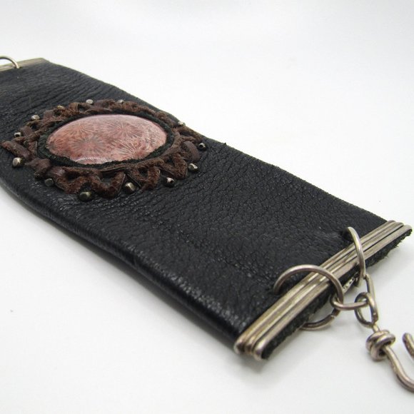 Rustic Leather Cuff Bracelet with Coral Fossil Artisan Boho - Picture 3 of 6